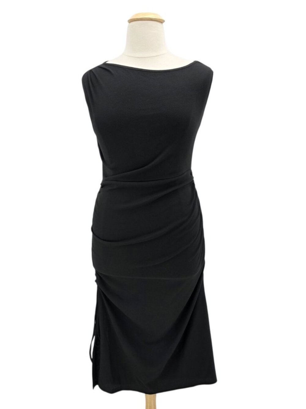NEW JJ's House Womens XL Dress Midi Ribbed Asymetrical Ruched Tie Black Fitted